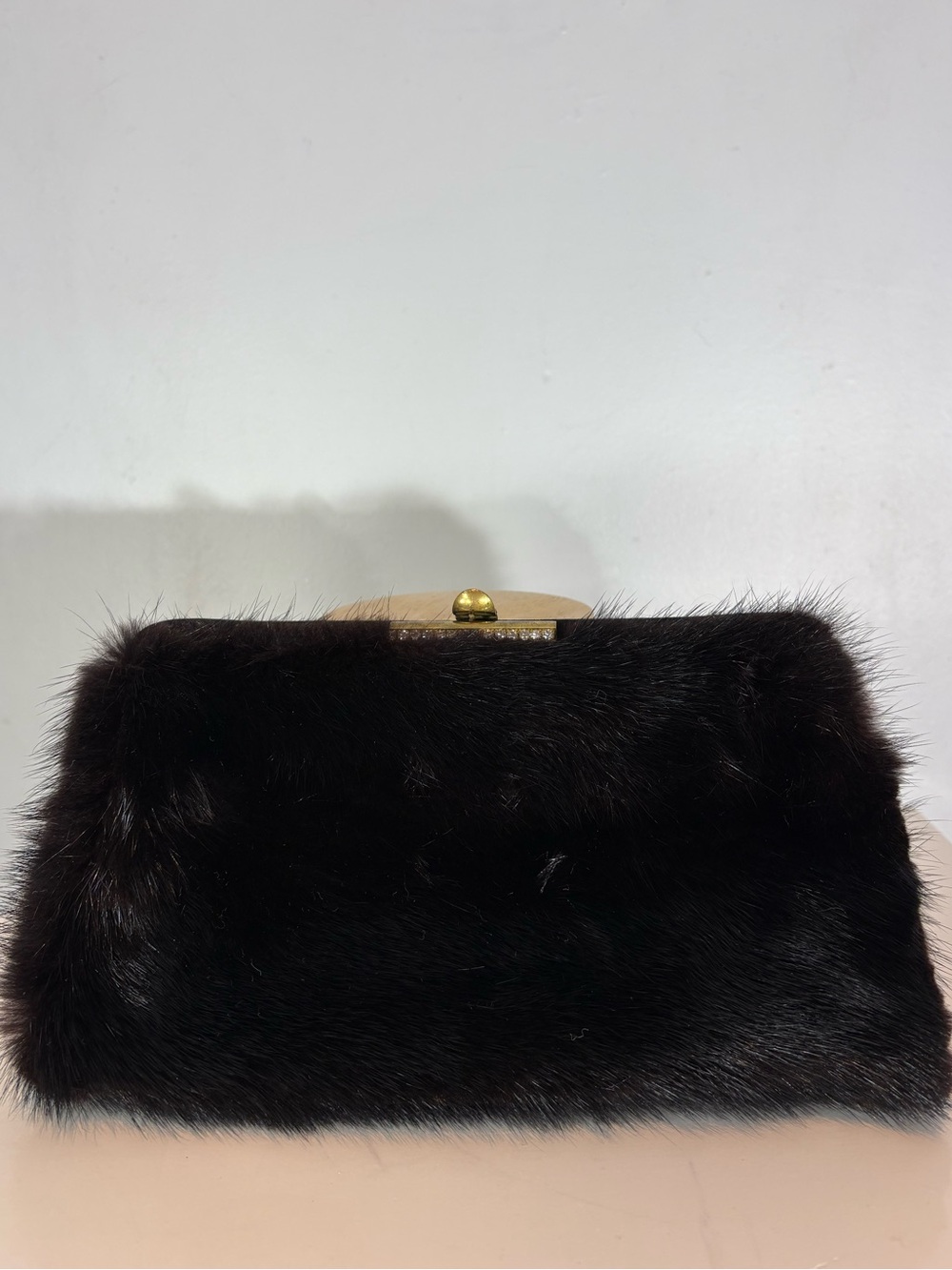 Vintage Genuine Fur Clutch Rhinestone Gold Tone Evening Bag